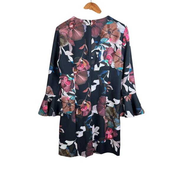 Trina Turk Panache 2 Faye Black Floral Flounce Bell Sleeve Cocktail Shift Dress - Picture 11 of 13